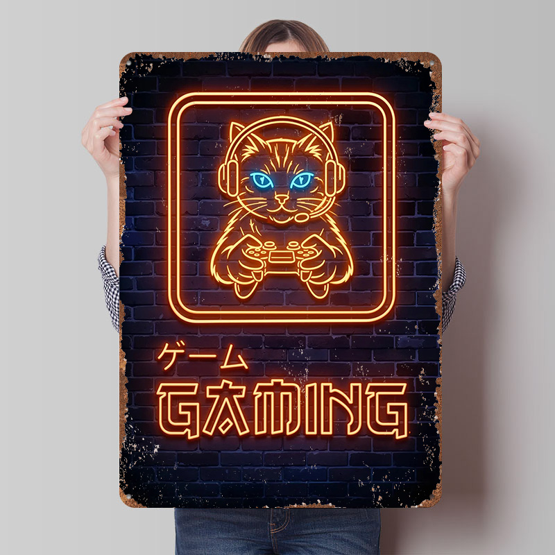 Retro Gaming At Home - Neon Gaming Cat Printed Poster Customized