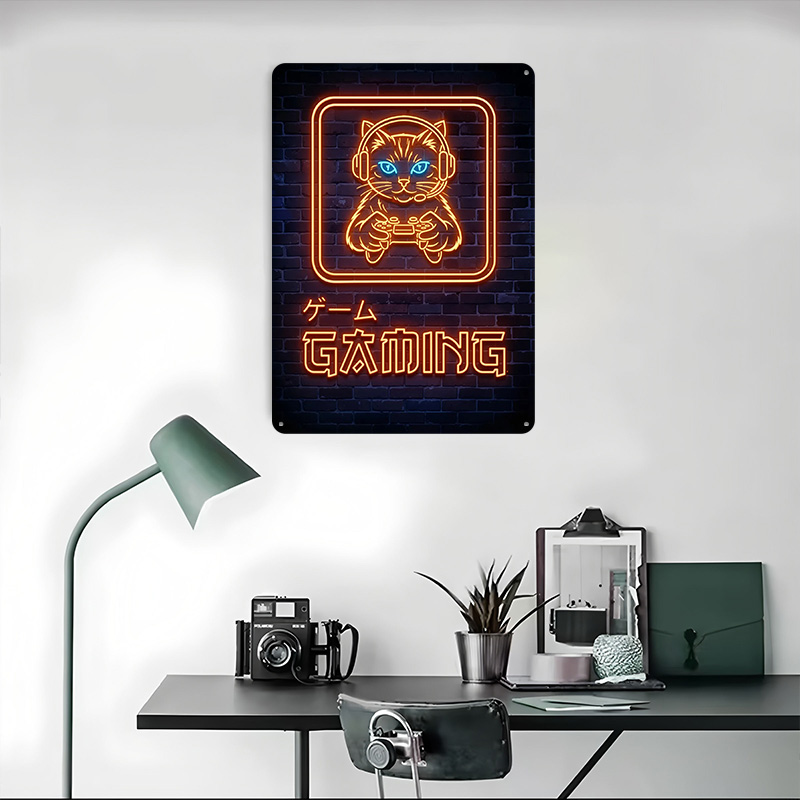 Neon Gaming Cat Printed Poster - Retro Gaming At Home review and price